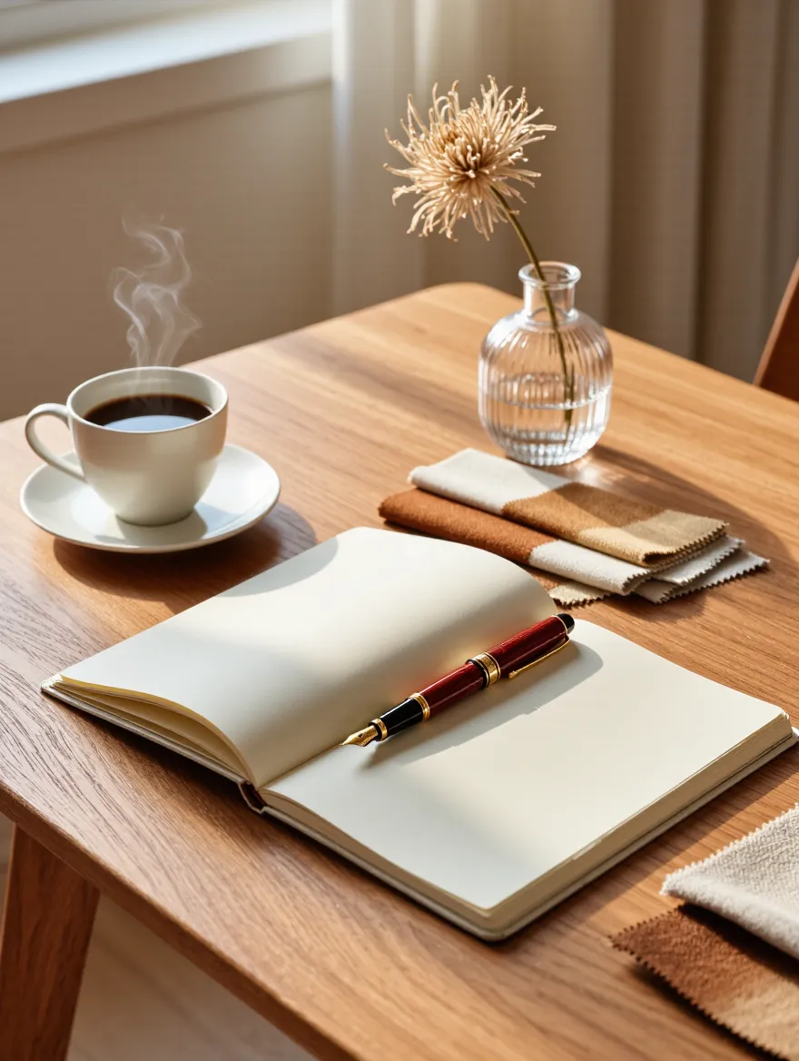 Caderno aberto, caneta e café sobre mesa de madeira