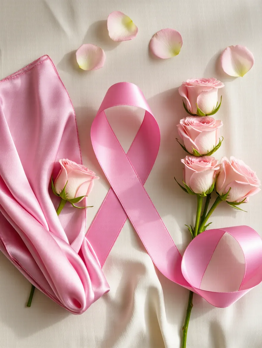 Laço rosa do Outubro Rosa com rosas e lenço de seda