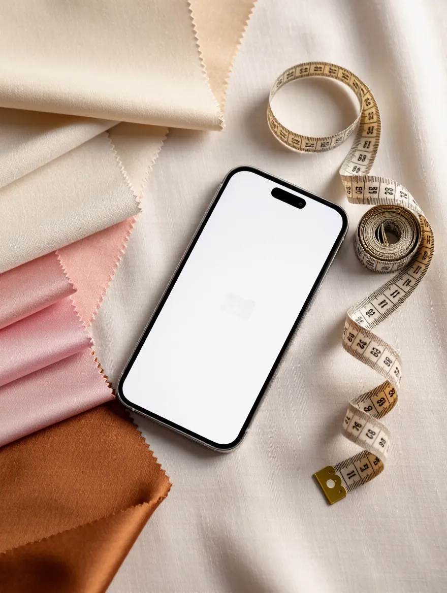 Celular, fita métrica e tecidos sobre linho