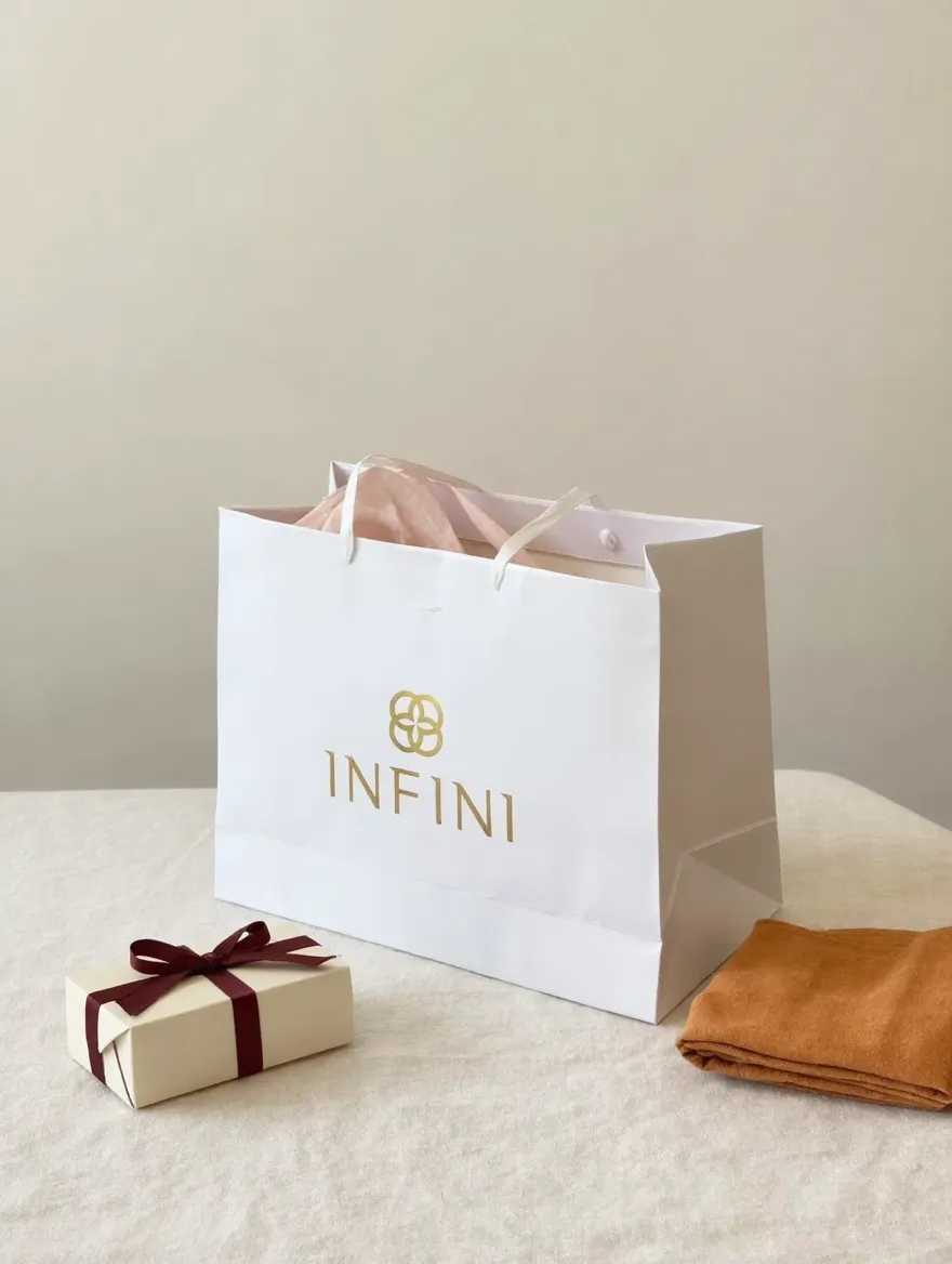 Sacola INFINI com papel de seda, caixinha de presente e linho