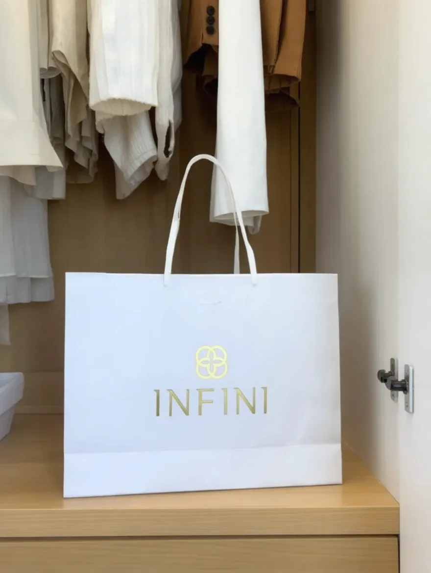 Sacola INFINI diante de um closet com peças neutras