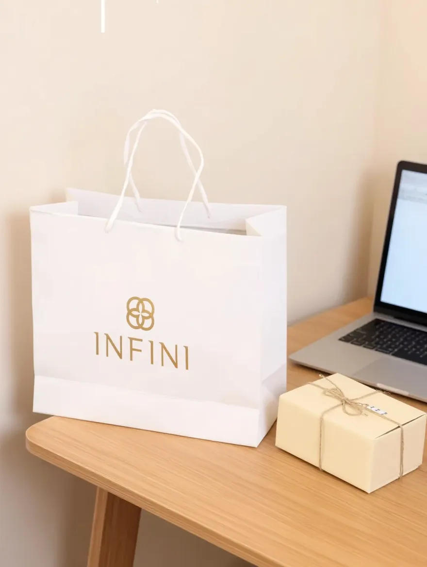 Sacola INFINI ao lado de notebook e caixa de envio